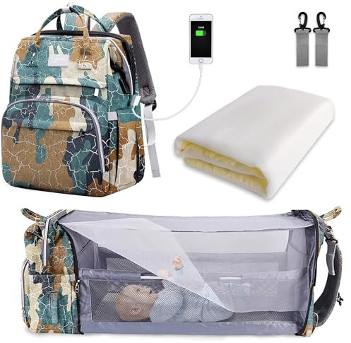 SNDMOR Wickeltasche Rucksack, wickelrucksack mit bettfunktion Großer, Multifunktionale Diaper Bag Mit Wickelunterlage, Kinderwagen-Haken, Geeignet für Mama und Papa (WüSten Tarnmuster)