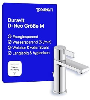 Duravit D-Neo Waschtischarmatur, Größe M (Auslauf Höhe 110 mm). Wasserhahn Bad mit Zugstangen-Ablaufgarnitur, mit energiesparender FreshStart-Funktion, Chrom