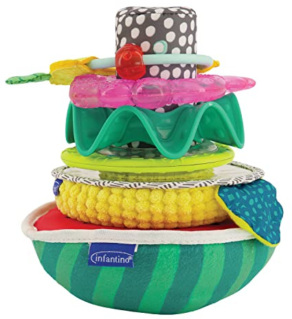 Infantino Sensory Stacking Rings - 5 Multi-Function Toys and Wobble Base, Teethers, Selfie Mirror, Rattle, Encourages Cognitive and Fine Motor Skill Development, for Infants and Toddlers 6M+