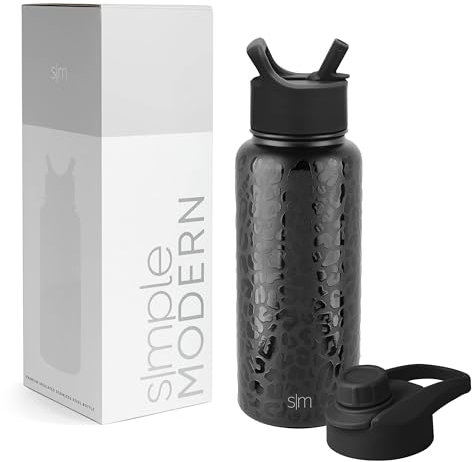 SIMPLE MODERN Wasserflasche mit Trinkhalm Wasserflasche mit Kippverschluss | Isolierte EdelstahlThermoskanne für den Sport Fitnessstudio | Summit Sammlung | 1L | Black Leopard