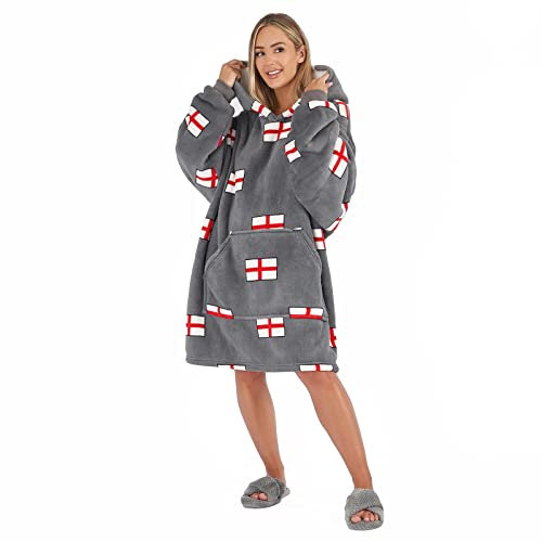 Dreamscene England Flag Print Oversized Giant Hoodie Blanket Sherpa Fleece Warm Mens Womens Wearable Football Sports Throw, One Size - Charcoal Red White