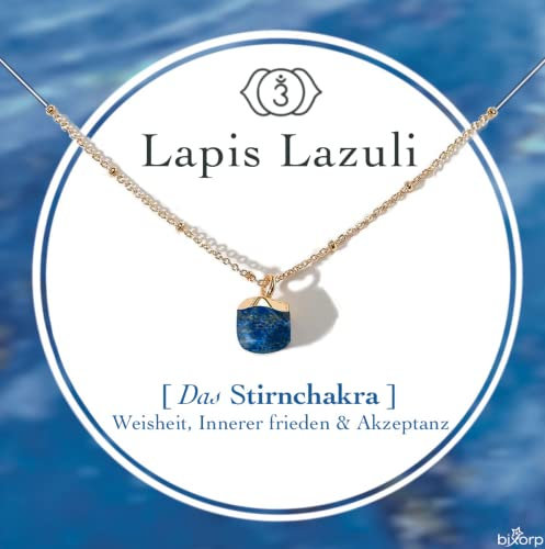 Bixorp Lapislazuli Chakra Halskette – Handgefertigter Lapis Lazuli Anhänger – Vergoldete Edelstahlkette auf Geschenkkarte mit Geschenkumschlag – (36 cm + 8 cm verstellbar)