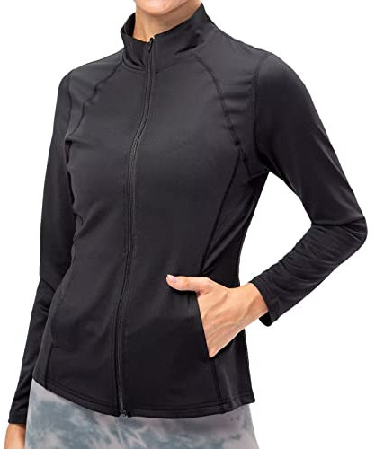 TERODACO Running Jacket Women Full Zip Long Sleeve Lightweight Gym Top with Pockets UPF 50+ Ladies Sports Tops for Yoga Workout Fitness,Slim Fit Quick Dry Breathable 12613 Black S