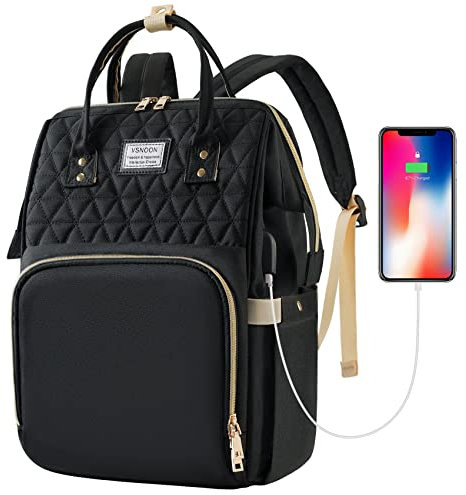 VSNOON Laptop Backpack for Women,17.3 Inch Stylish Laptop Rucksack Wide Open, Travel Backpack with USB Charging Port, Water Resistant Travel Business Work Bag Computer bag for Men, Black