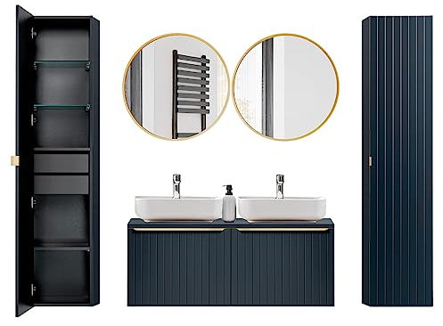 Lomadox Badezimmer Set mit Doppelwaschtisch und runden LED Spiegeln, in Indigo Blau, B/H/T ca. 220,4/200/46 cm