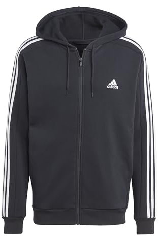 adidas Felpa con cappuccio da uomo Essentials in pile con 3 strisce, con cerniera intera, nero, XS