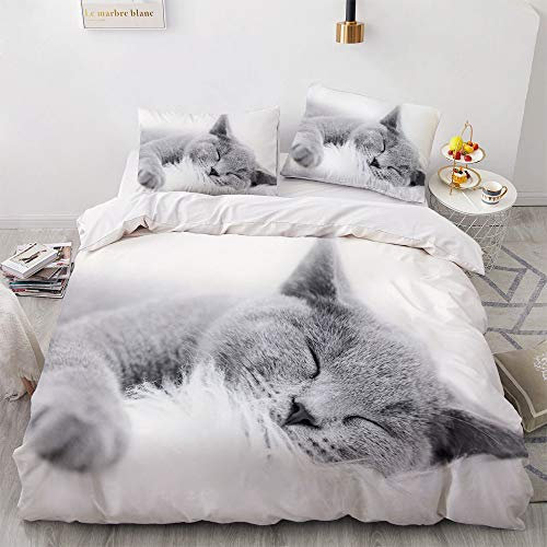 YASMENG Katze Bettwäsche 135x200cm Weiß Kinder Junge Mädchen Katzen-Motiv Bettwäsche Set Microfaser Bettbezug mit Reißverschluss und 1 Kissenbezug 80 x 80 cm