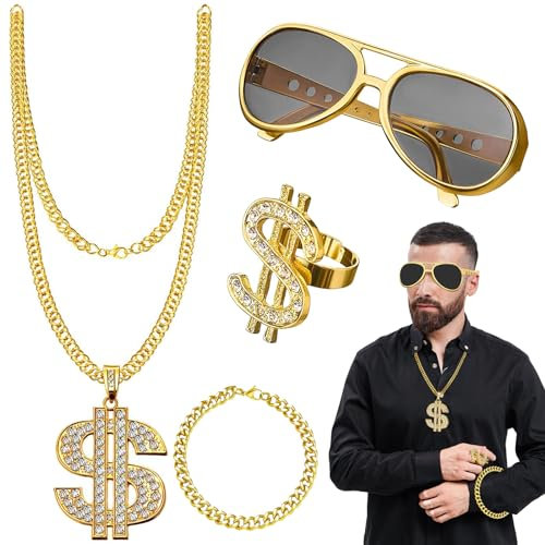 Zuhälter Kostüm Set, 4 Stk HZuhälter Kostüm Goldene Dollar Kette Set,80er 90er Jahre Outfit Herren Hip Hop Kostüm Goldkette Gangster,Hiphop Rapper Accessoires für Männer Frauen Fasching Karneval Party