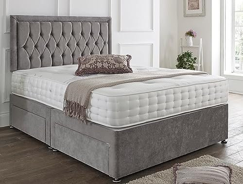 SANA SLEEP Designer Damask Memory Foam Divan Bed Set With Mattress, 2 Drawers (Same Side) and Headboard 4FT6 Double - Naples Grey