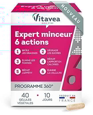 VITAVEA BIEN-ETRE Expert Minceur 6 actions en 1 - Complément Alimentaire Minceur, Cellulite, Contrôle du poids, Elimination - Thé vert Guarana Gymnéma 40 gélules Cure 10 Jours Fabriqué en France