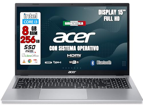 Acer notebook pc portatile NUOVO, intel core i3-12th, 8gb ram ddr4, 256 gb ssd nvme, pronto all'uso con windows 11 e libre office