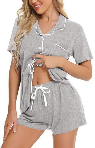 SWOMOG Pyjamas Set Button Down Sleepwear Womens Short Sleeve Nightwear Soft Pj Lounge Sets S Grey