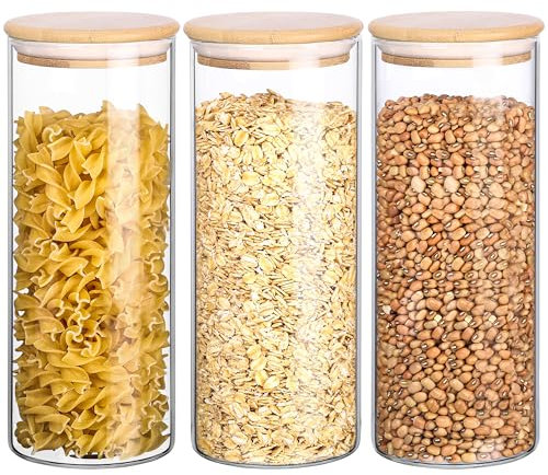 Belle Vous (Lot de 3) Bocal Hermétique avec Couvercle en Bois de Bambou - 950 ml Bocaux Rangement Cuisine - Bocal en Verre avec Couvercle pour Pâtes, Farine, Céréales, Sucre, Café, Thé et Autres