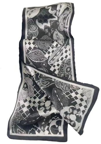 GIMIRO Satin Seidenschal Doppelschichten 150 x 16cm Krawatte Blumen Taillengürtel für Blazer, Mantel, Kleid (Black Plaid Flower)