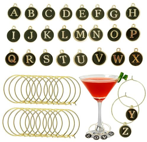 Silars Weinglas Charms, 26stk Buchstabe GlasWeinanhänger für Stielgläser Weinglas Anhänger, Glas Identifikations mit Aufbewahrungstasche für Weinglas, Champagnerglas, Cocktailglas, Trinkglas