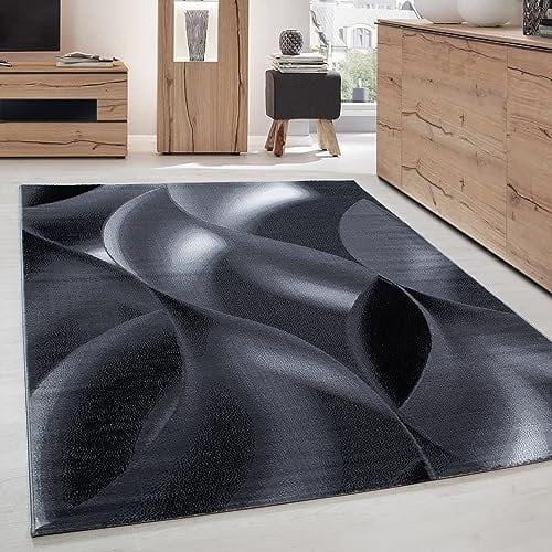 Carpettex Teppich Wohnzimmer Kurzflor 280 x 370 cm Schwarz Modern Abstrakt Wellen Design -Teppich Schlafzimmer Flauschig Weich Waschbar Küchenteppich Teppich Esszimmer Kinderzimmer Wohnzimmerteppich