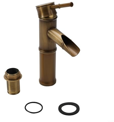 Grifo de lavabo montado en bronce antiguo vintage, grifo de lavabo de latón antiguo con forma de bambú, grifo mezclador de fregadero de una sola manija