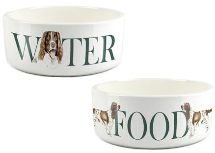 Springer Spaniel Pet Bowl Set - Food & Water Ceramic Food Bowls - Large White Feeding Dishes For Dogs (Set of 2)