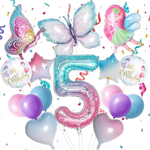 Schmetterling Ballon, 16pcs Schmetterling Deko Geburtstag 5, Geburtstag Deko 5 Jahre Mädchen, Mit Kleinen Strohhalmen und Kleinen Bändern,Geeignet für den Geburtstag Eines 5-Jährigen Mädchens