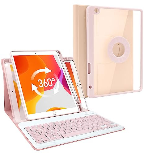 Lively Life Bluetooth Keyboard Case for iPad 9th Gen 10.2 2021/ iPad 8th Gen 2020/ iPad 7th Gen 2019, Magnetic Detachable Keyboard, Rotatable Slim Case, with Pencil Holder-Pink
