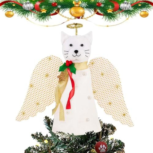 Katzenbaumspitze Weihnachten,Entzückende weiße Weihnachtsbaumspitze mit Winkelkatze - Exquisite kreative Sternbänder, rote Beeren, Weihnachtskatzendekoration für die Inneneinrichtung Buniq