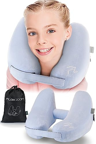 FLOWZOOM Air Inflatable Kids Travel Pillow for Airplane - H-Shape Car Pillow for Kids with 5 Sleeping Positions, Quick Inflation, Adjustable Pressure, Soft Plush Cover – Ages 3-12, Skyblue