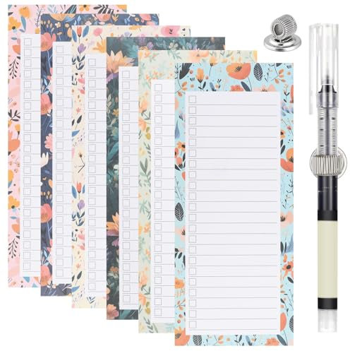 DASHUAIGE 6 Pack Magnetic Shopping List Pad for Fridge and 1 Magnetic Pen Clip 100 Tear Off Sheets Magnetic Grocery List Magnetic Notepad for To Do Lists, Shopping (6 flower)
