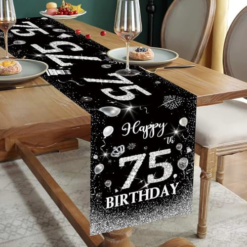 75 Geburtstag Deko Mann Schwarz Silber Tischläufer 75. Geburtstag Happy 75th Birthday Tischband für 75 Jahre Alte Frauen Ihn Ihr Jahrestag Feier Party Dinner Tisch Leinen Table Dekoration, 180x35 cm