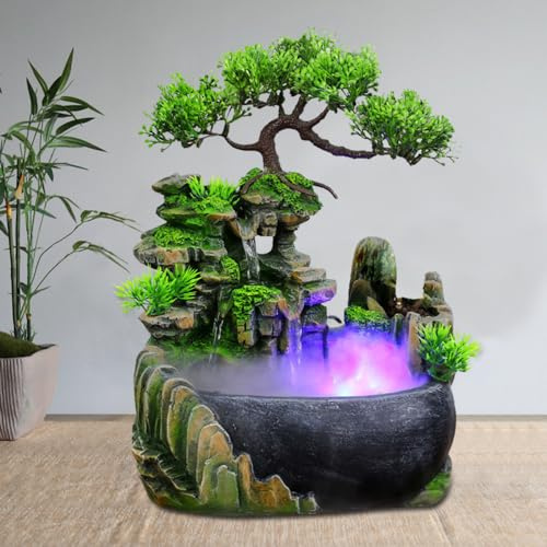 Fuente de interior con LED para salón, cascada, fuente de mesa, jardín de rocas, fuente de agua, escritorio chino Fengshui, cascada, mesa de mesa, bonsái, plantas verdes, fuente de interior (D)