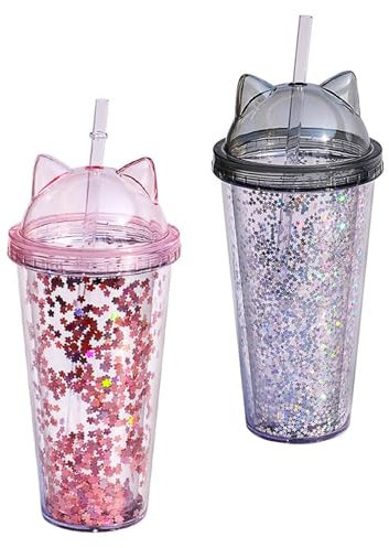 Banziaju Water Bottle with Straw Glitter Water Cup Double Layer Water Cup Drinking Cup with Cat Ear for Girl Gift 2Pcs 400-500Ml Rose Grey,Glitter Water Cup