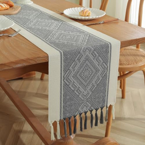 Viusneun Tischläufer, Boho Landhausstil Tischband Makramee Tischdeko mit Handquasten Knitterfrei Table Runner für Partys Hochzeit Geburtstage Weihnachten (Grau,33 x 228 cm)