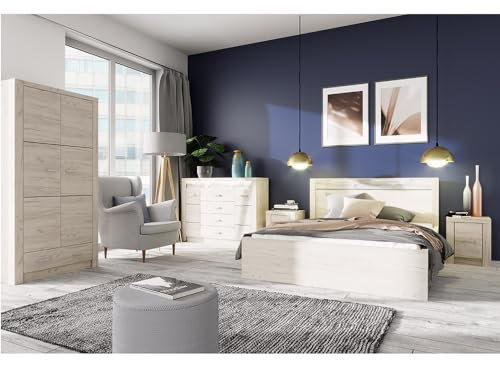 Lomadox Schlafzimmer Komplettset 5-teilig inkl. Bett Schlafzimmermöbel Schlafzimmerschrank modern in Esche weiß mit LED Beleuchtung