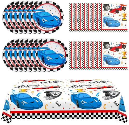 WERNNSAI Racing Car Party Supplies Set - Checked Race Car Plates Napkins with Tablecloth Party Dessert Tableware Set for Kids Boys Race Birthday Baby Shower Decorations Serves 16 Guests