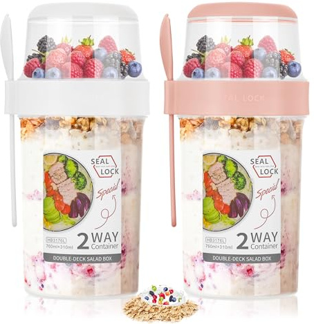 Hejo 2 Pcs Overnight Oats Container with Lip, 760ml+310ml Yoghurt Pots, Reusable Breakfast Pots, Cereal Cup with Spoon, Cereal and Milk On The Go Container, Overnight Oats Jar for Outdoor (Pink&White)
