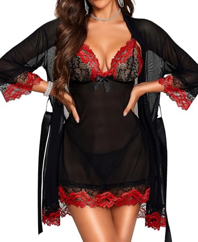 RSLOVE - Babydoll sexy para mujer, vestido de noche, lencería con G-String, conjunto de lencería de encaje femenino, 3 piezas