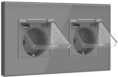 BSEED Enchufe USB, Enchufe Pared Schuko con Tapa Impermeable, Enchufe USB C 2 Gang, Enchufe Doble 16Amp Gris, Enchufes de Extensión