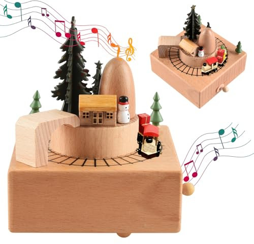 BLIENKREBY Weihnachten Spieluhr, Spieluhr Holz Weihnachten mit Rotationszug Windup, Mechanismus Musikalisches Handwerk Holzspieluhr, Mini-Eisenbahn Weihnachtsbaum Spieluhr, Geschenk Weihnachten