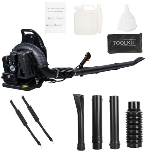 Benzin Laubbläser Rückentragbar, 63CC 2-Takt Rückenlaubbläser, Laubsauger mit Anti-Vibrations System, Manueller Start 2,3kW, 665 Luftvolumen, Laub Bläser für Terrassen Gärten (Schwarz)