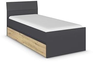 Rauch Möbel Joel-EXTRA, Bett, Grau metallic/Eiche Artisan, 95x90x209 cm | Doppelbett, Stauraumbett, mit 2 Stauraumschubladen, für Schlafzimmer, Jugendzimmer, Gästezimmer, Liegefläche 90x200 cm