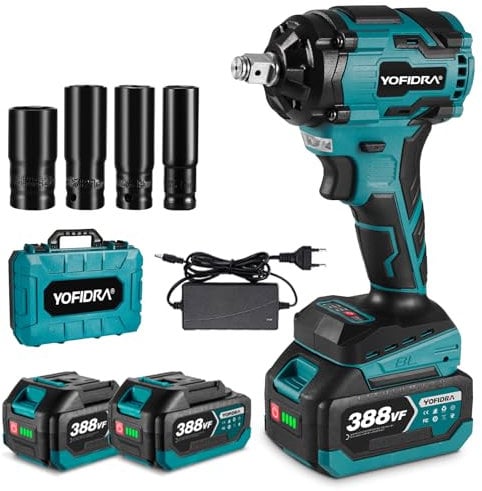 Yofidra Cordless Impact Wrench 600Nm, Electric Wrench with Brushless Motor, 2 x 3.0Ah Battery & Fast Charger & 4 Sockets, 1/2 Impact Gun Variable Speeds for Car/Truck