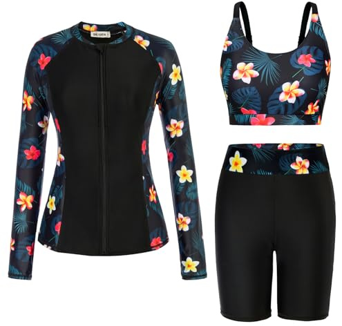 GRACE KARIN Women 3 Piece Rash Guard Zip Front Long Sleeve Surfing Swimsuit | Quick-dry Stretch Fabric, Removable Padded Bra, Long-sleeve 3-piece Set, Women tankini, Swimming Costume