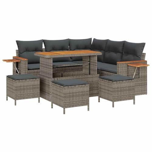 vidaXL Garten-Sofa-Set mit Kissen mit Speicher 9 pcs Grau Poly Rattan, Garten Lounge Set, modernes Sofa, UV-beständige Möbel für entspannte Stunden, Terrassen-Deko, Sitzgruppe.