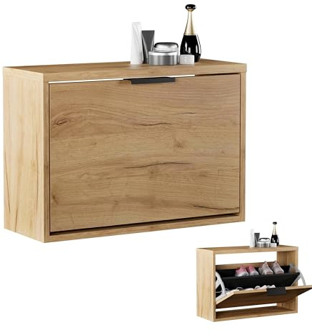 Planetmöbel Zapatero Estrecho con 1 Puerta | organizador zapatos con 2 estantes, armario zapatero para recibidor, pasillo, guardarropa 60 x 23 x 42,5 cm, roble dorado