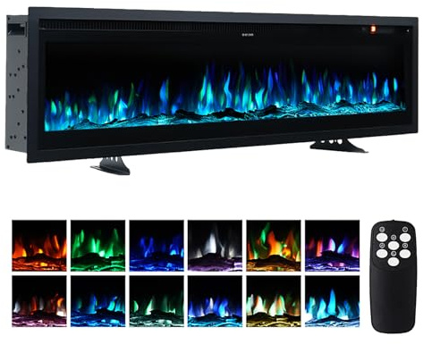 WarmieHomy 50inch/127cm Electric Fire Insert/Wall Mounted/Freestanding Electric Fireplace with Remote Control, 9 LED Color Flame Effect Media Wall Fire, 2 Heat Modes 900W&1800W, Crystal & Log Set