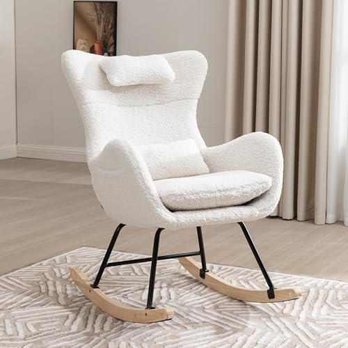 okwish Schaukelstuhl, Gepolsterter Schwingsessel mit hoher Rückenlehne, Kopfstütze und Lendenkissen, Schaukelsessel fürs Wohnzimmer/Schlafzimmer/Balkon, Lammfellstoff Weiß