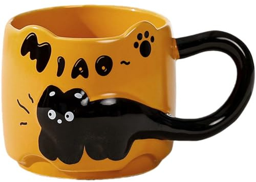 ZONSUSE Tasse Chat Noire Mignonne, Tasse à café en Chaton 3D, avec Anse en Forme de Queue, Mug en Céramique Amusant avec des Animaux, Cadeau pour Femme Ami Enfant, 380ml (Chat-Orange)