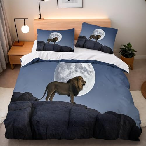 Löwe Bettwäsche 155x200 Kinder Bettwäsche-Set 3D Mond Weiche Mikrofaser Bettbezug Blau Bettbezüge mit Reißverschluss und 2 Kissenbezüge 80x80 cm h-1510