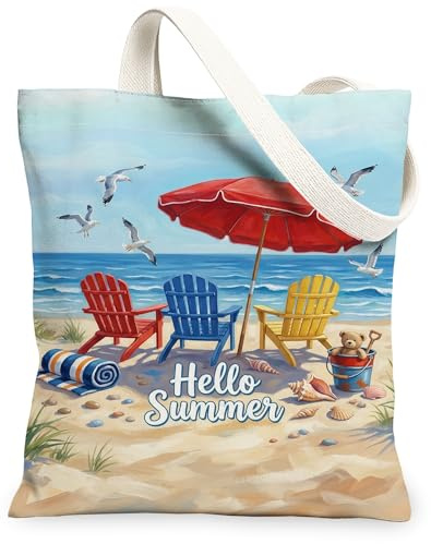 Strandkörbe, Segeltuch-Tragetasche für Damen, Sommer, Küstenschirm, Möwen, Sommer, blau, waschbar, wiederverwendbar, Einkaufstaschen, Ideen für Einkaufsreisen, Büro, Bibliothek, Freizeit, 33 x 38 cm