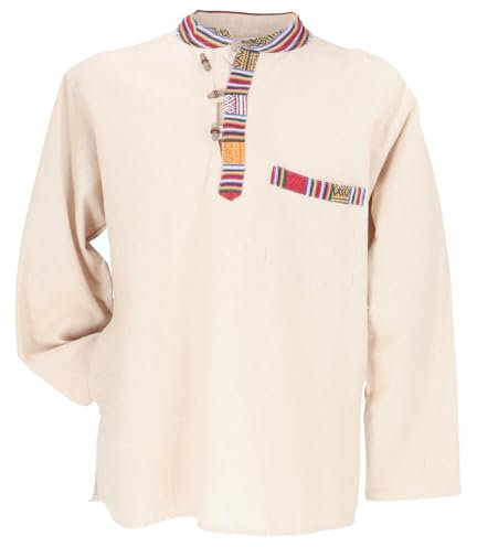 Guru-Boutique, Chemise de Pêcheur Ethno du Népal, Chemise Goa, Crème, Ducoton, Size:XL, Des Chemises