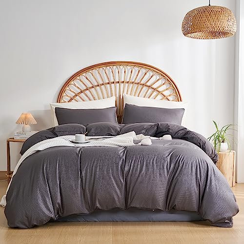 DuShow Dark Gray Duvet Cover Set,Seersucker Texture Duvet Cover King,3 Pieces Comforter Cover Set,Soft Waffle Bedding Set With Zipper Closure-Dark Gray,230×220cm